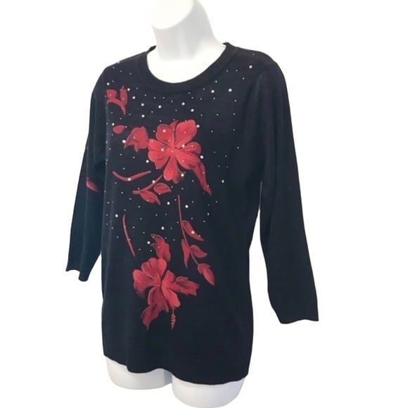 Rebecca Malone Black Red Floral Sweater Sz.S NWT Rhinstones - Picture 3 of 12